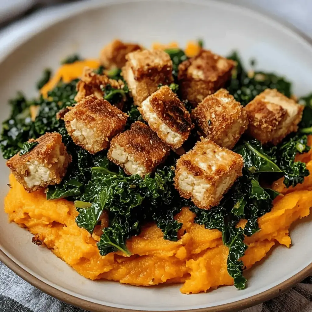 Maple Miso Whipped Sweet Potatoes with Cornmeal Crusted Tofu