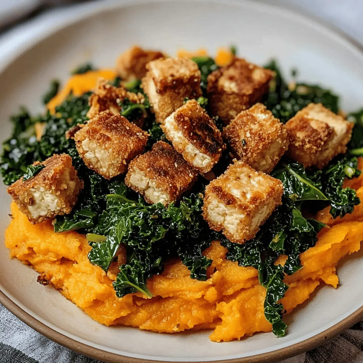 Maple Miso Whipped Sweet Potatoes with Cornmeal Crusted Tofu