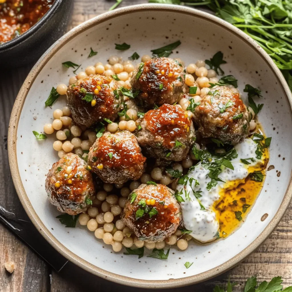 Harissa Meatballs with Fregola and Lemony Yogurt