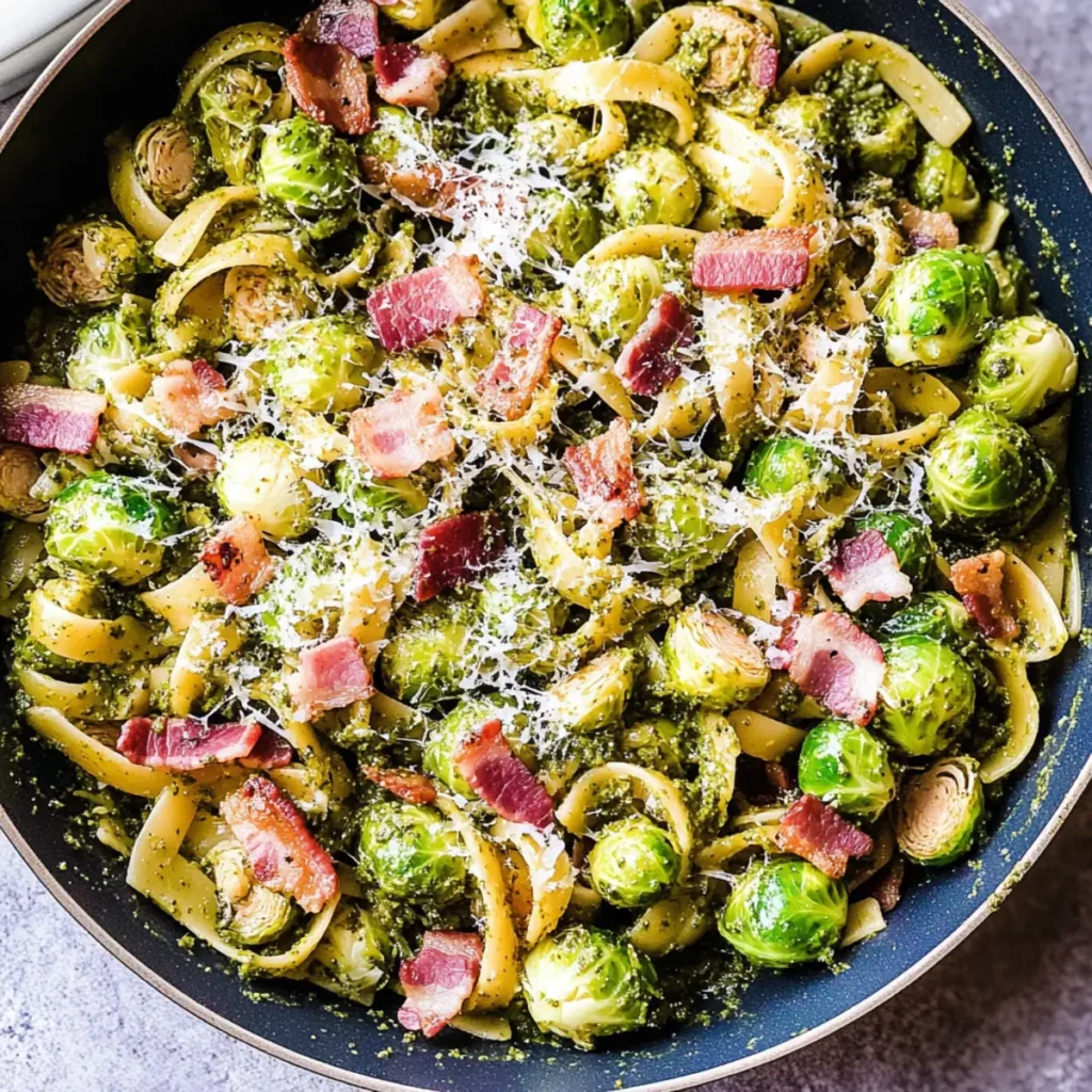 Brussels Sprouts and Bacon Pesto Pasta