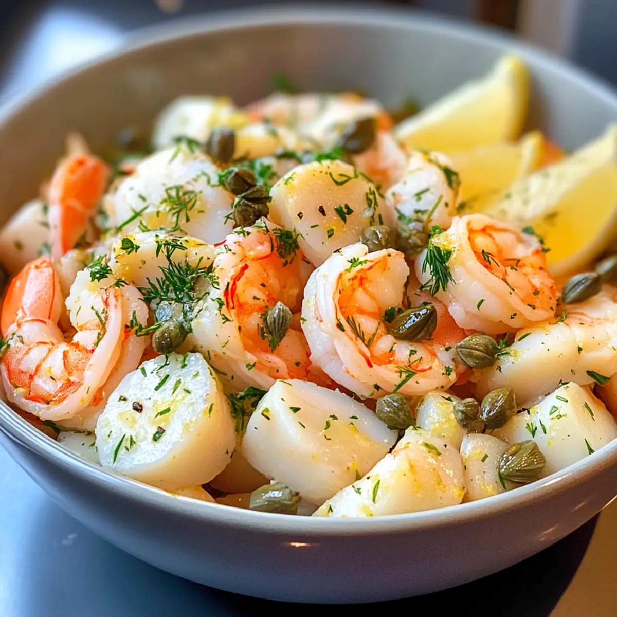 Poached Seafood Salad with Lemon Dill Sauce