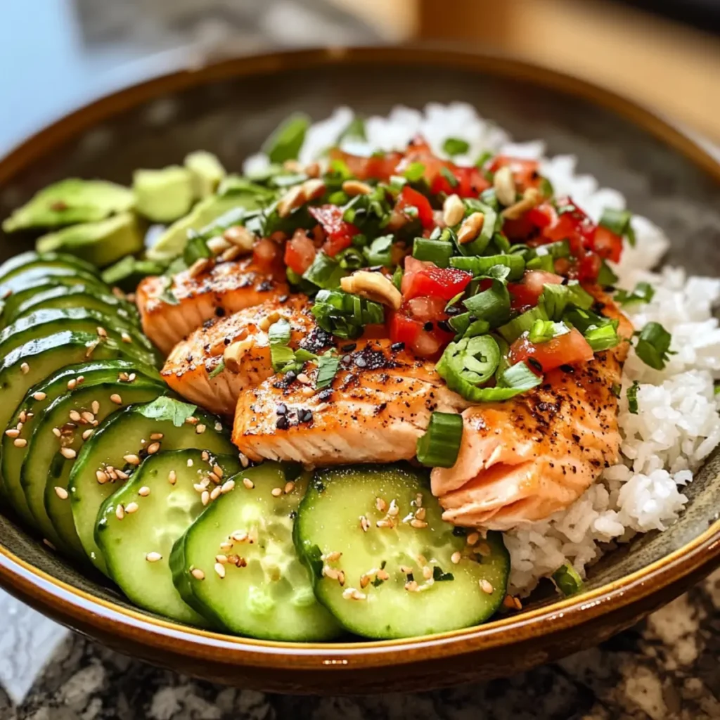 Crispy Rice Salmon Cucumber Salad with Creamy Asian Dressing