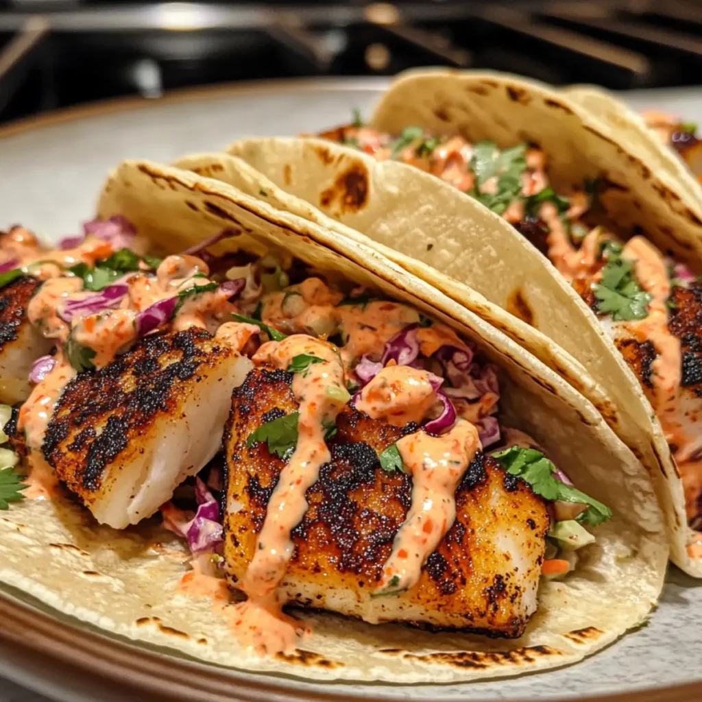 Blackened Fish Tacos with Cilantro Slaw and Sriracha Mayo