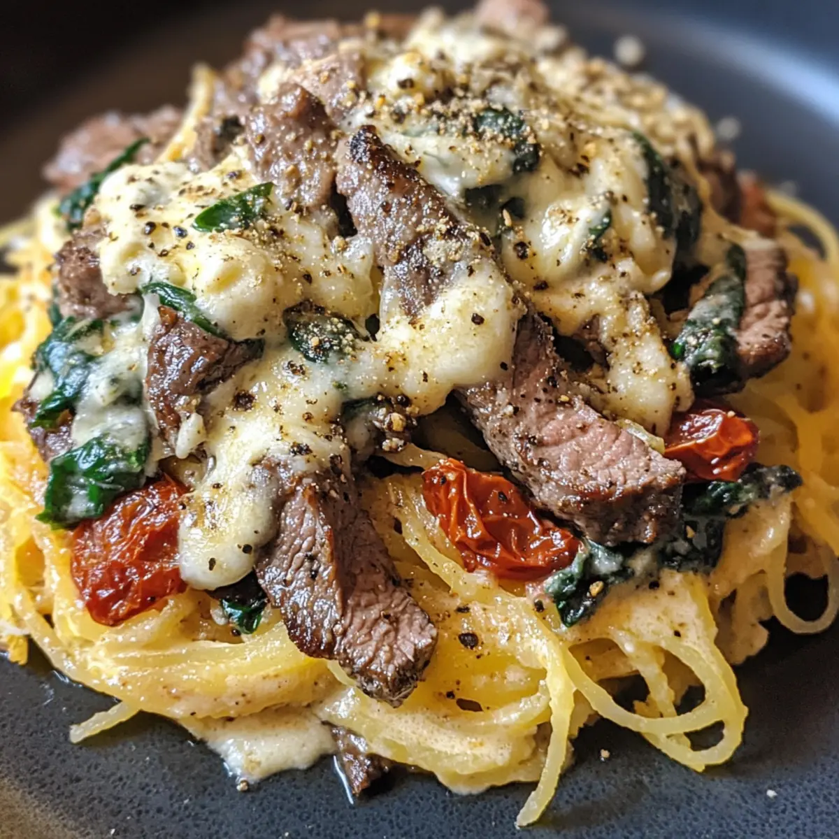 Keto Low Carb Steak Gorgonzola Alfredo Spaghetti Squash