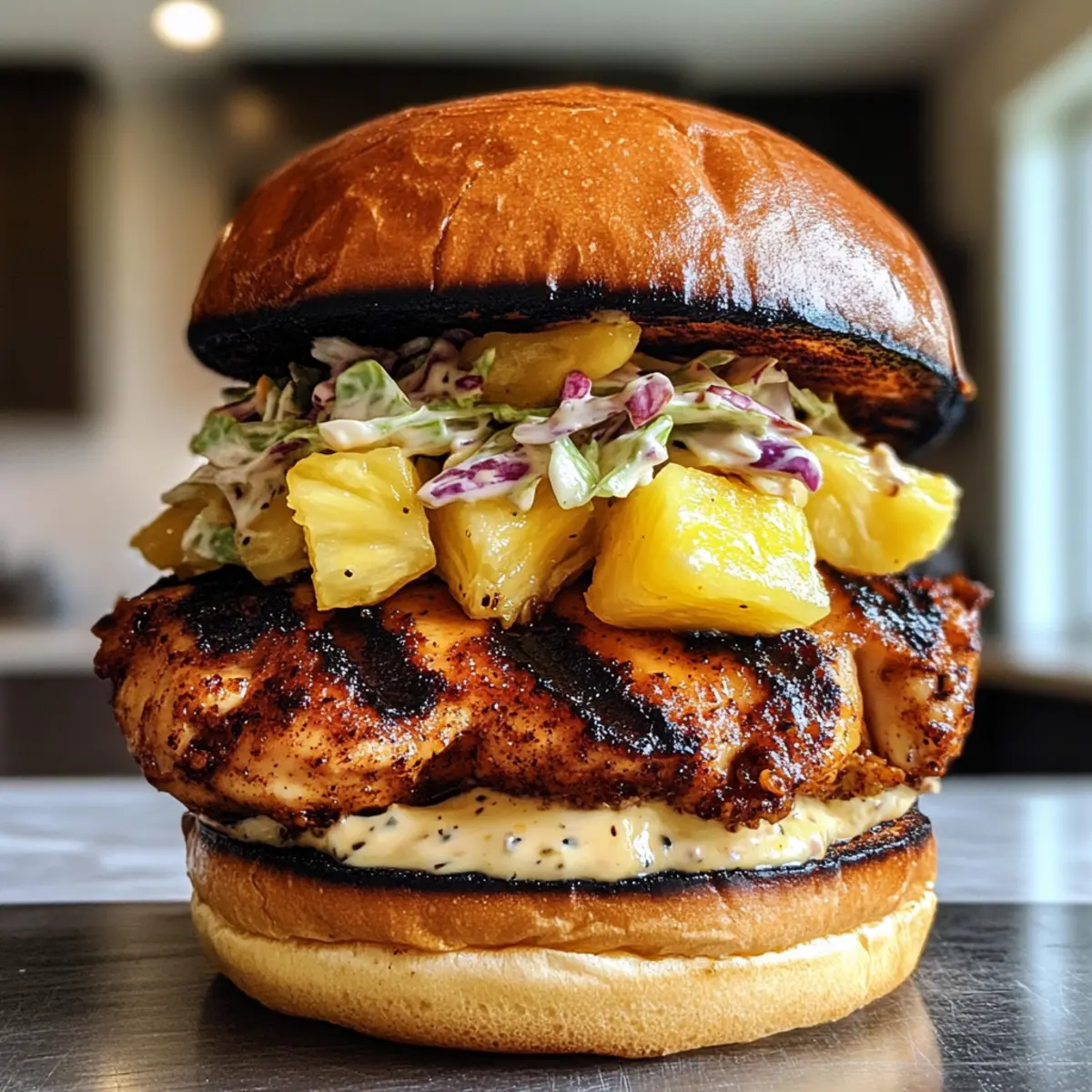 Jerk Chicken Sandwich with Grilled Pineapple and Coleslaw