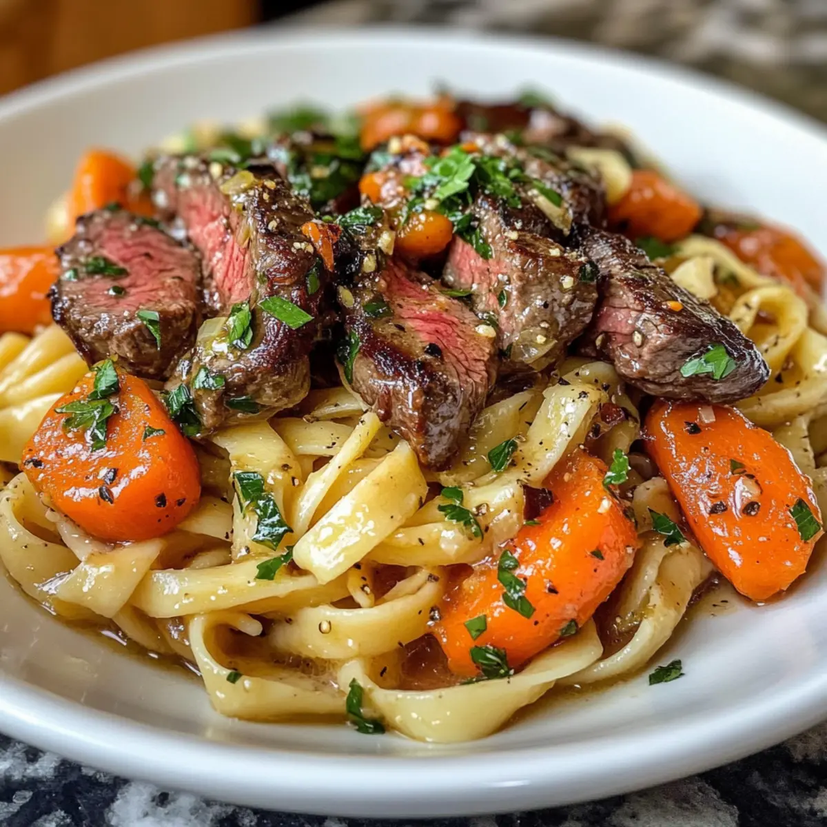 Cowboy Butter Steak Linguine with Roasted Carrots & Parsley