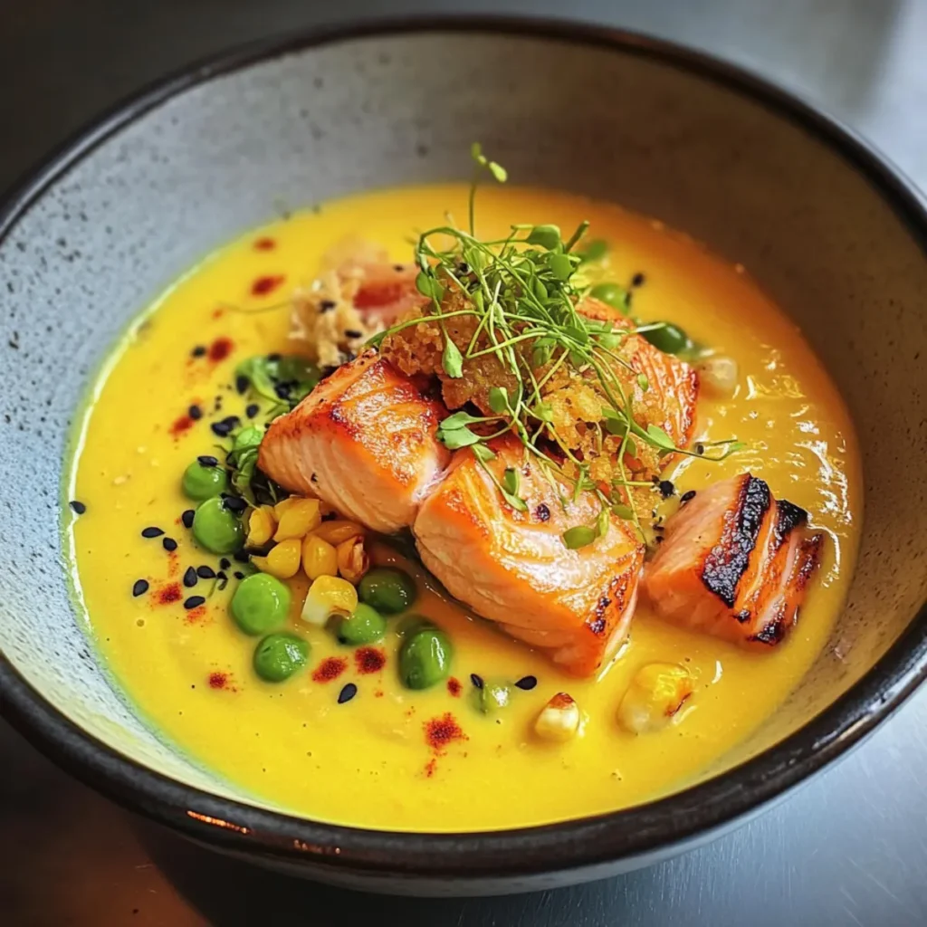 Corn Gazpacho with Salmon & Crispy Rice