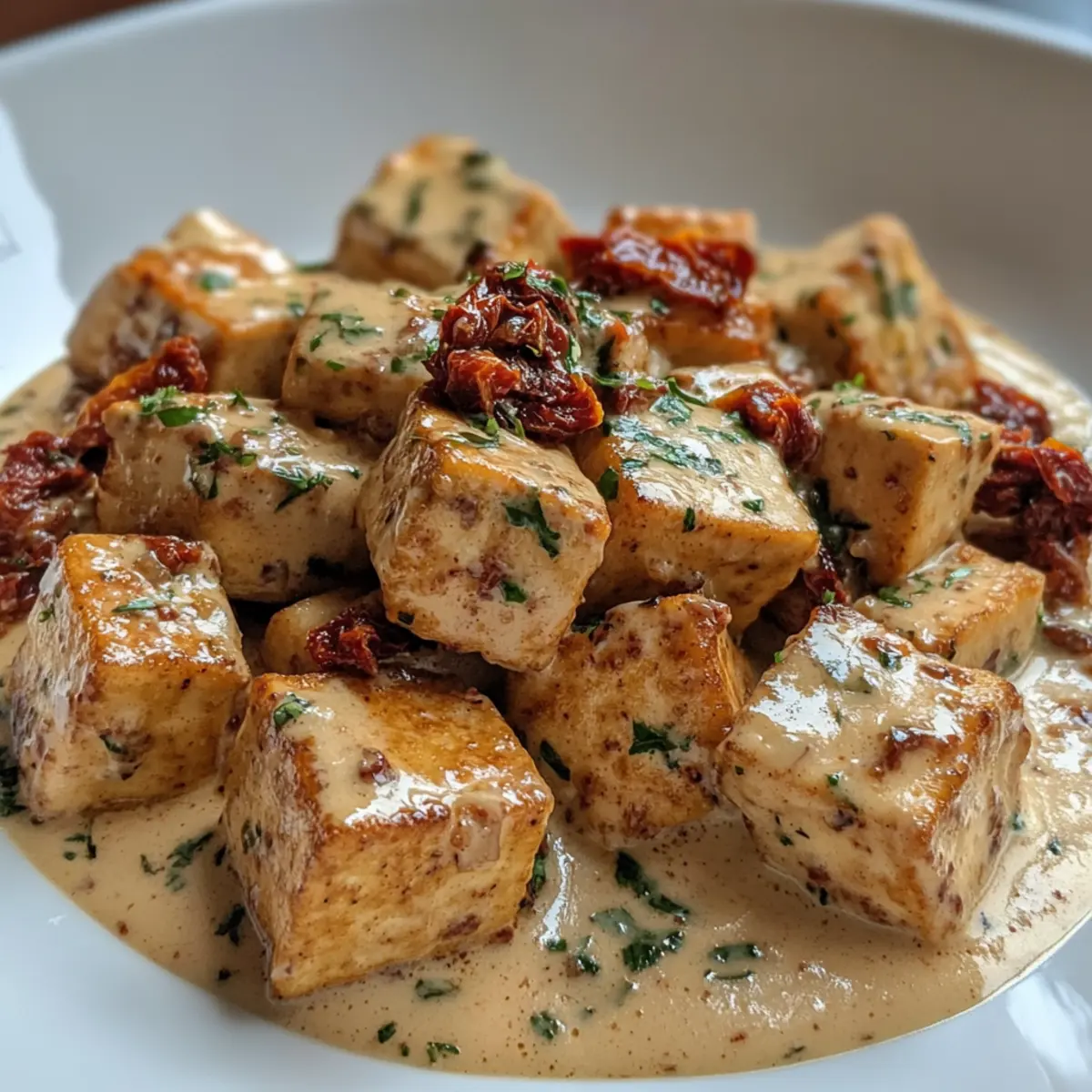 Crispy Tofu in Creamy Sun-Dried Tomato Sauce