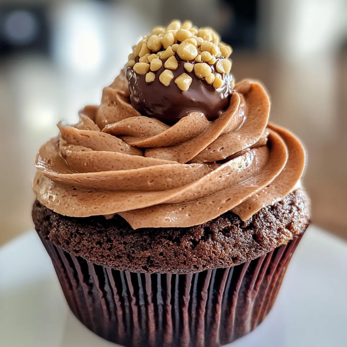 Chocolate Hazelnut Cupcakes with Nutella Buttercream and Ferrero Rocher Garnish