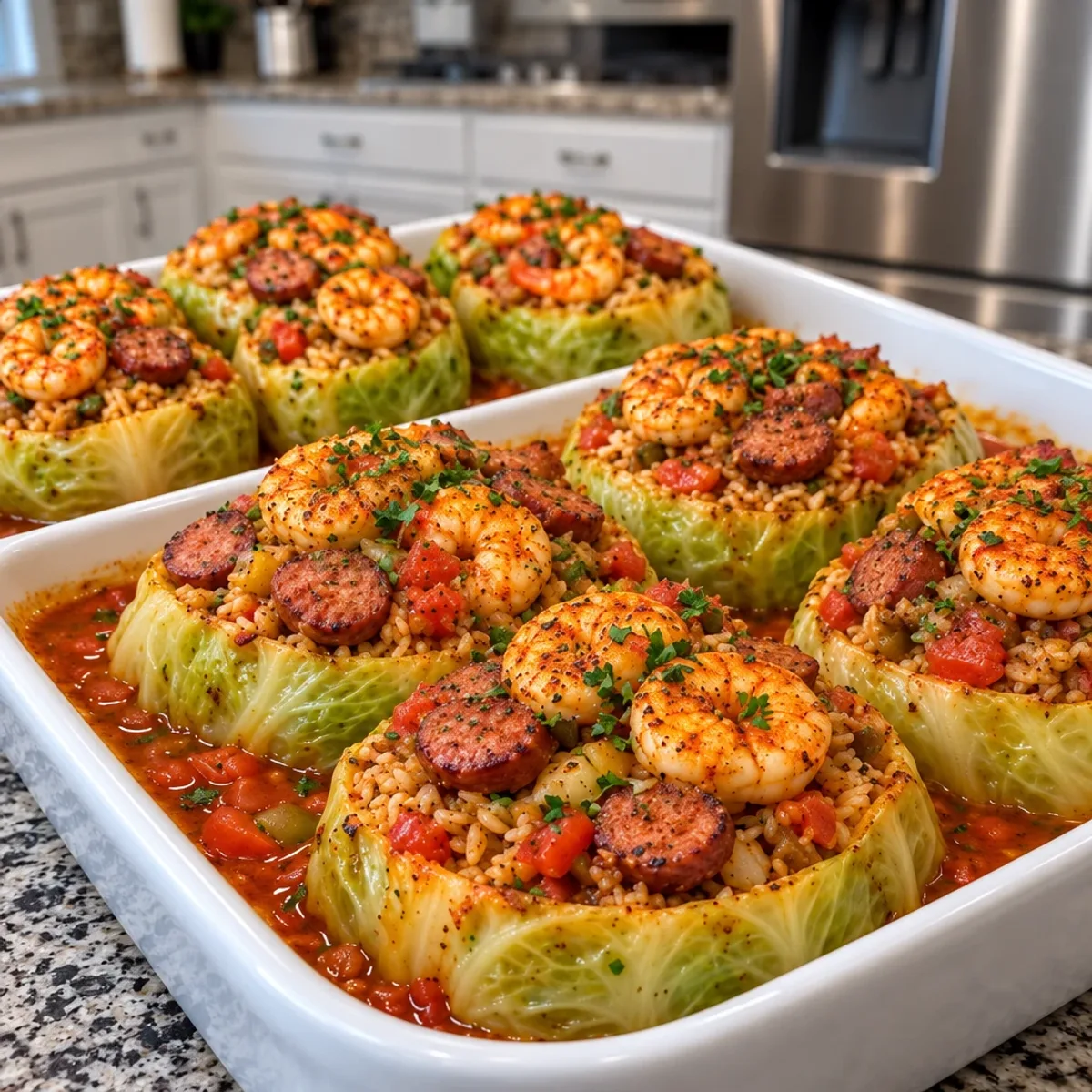 Cajun Shrimp and Beef Sausage Stuffed Cabbage Delight