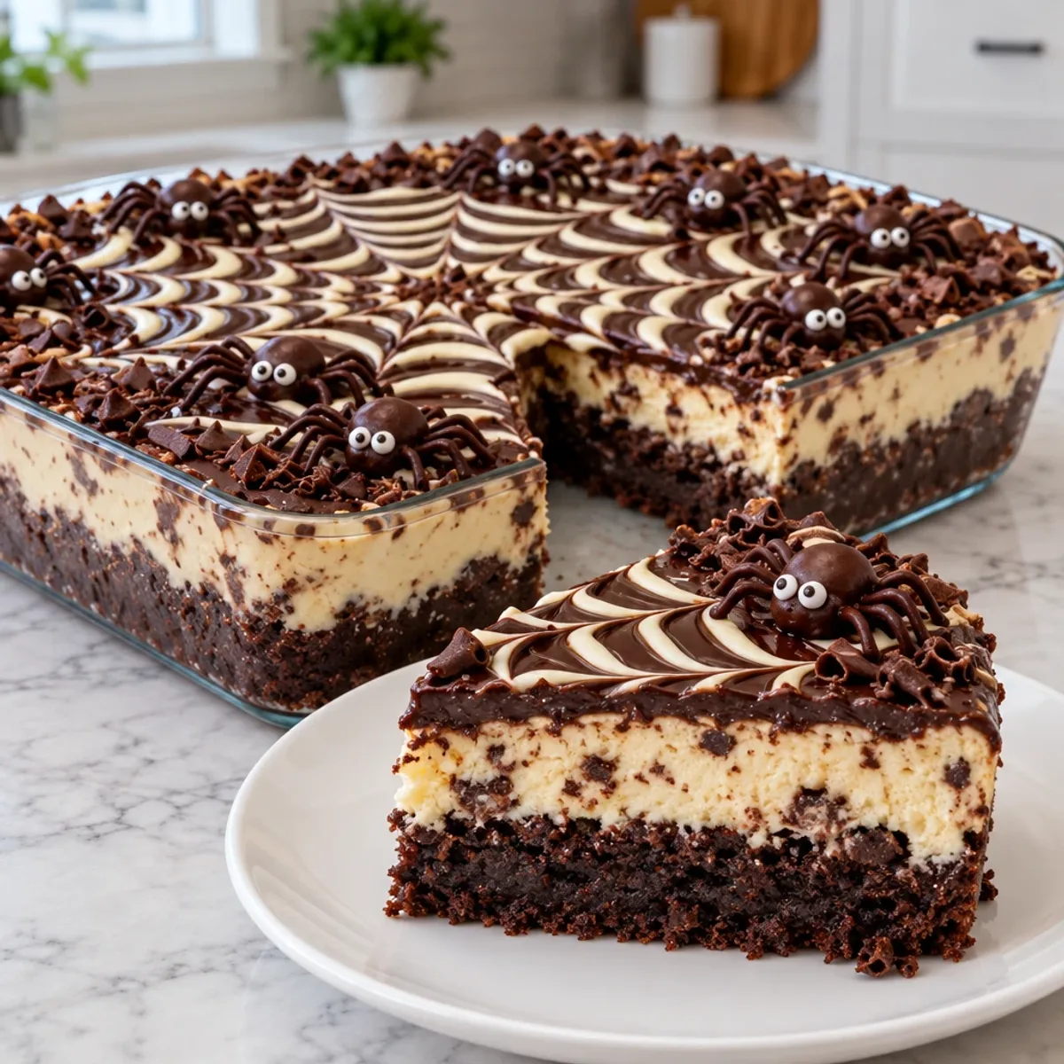 Chocolate Spiderweb Brownie Cheesecake Delight