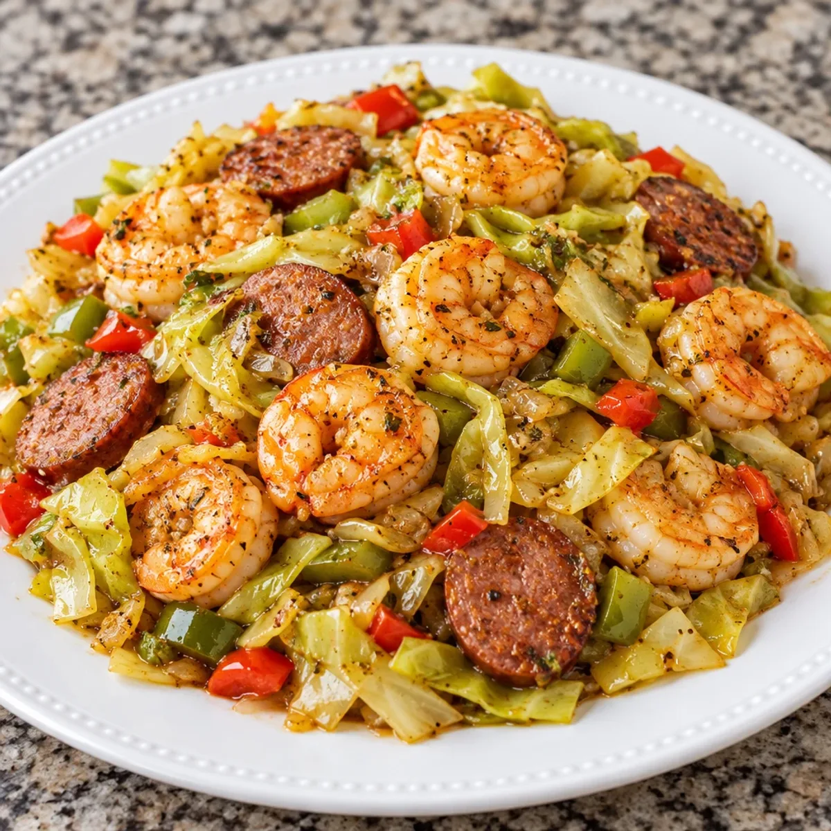 Fried Cabbage with Shrimp and Beef Sausage Delight