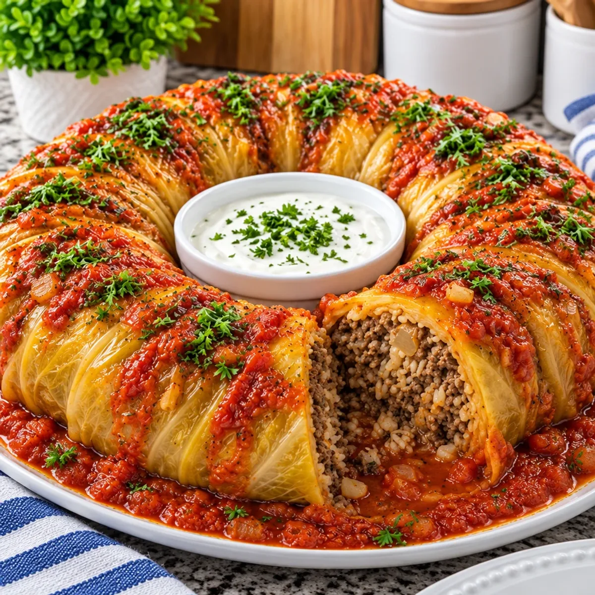 Stuffed Cabbage Ring with Beef and Rice Delight